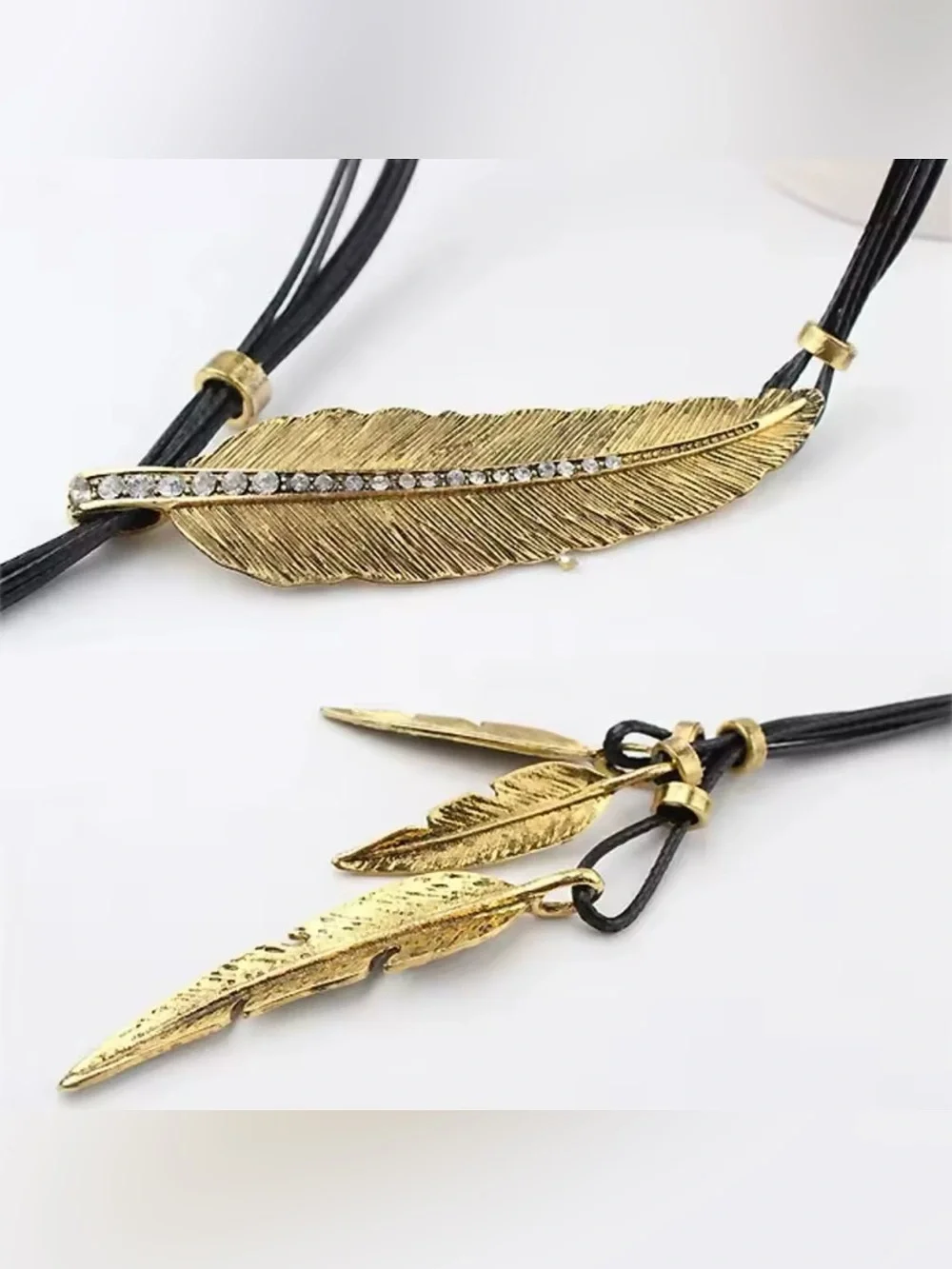 Boho Angel Feather Pendant Necklace silver / gold tone black / red leather cord